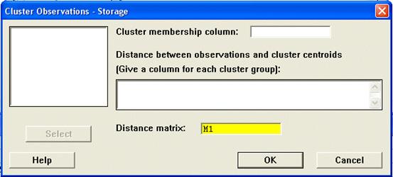 Minitab Cluster Observation Storage options window