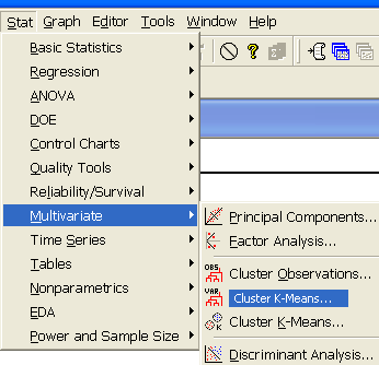 Minitab menu system (Stat>Multivariate>Cluster K-means